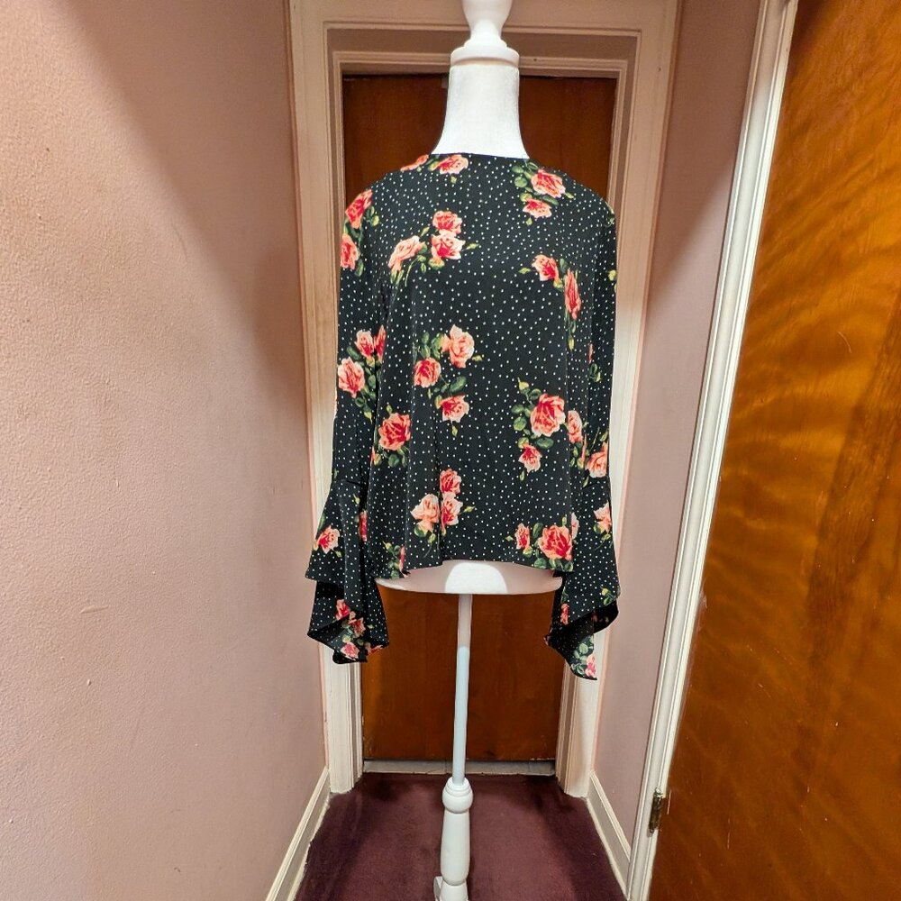 NWT, Size Large, Catherine Malandrino Black Blouse with Pink Floral Accents